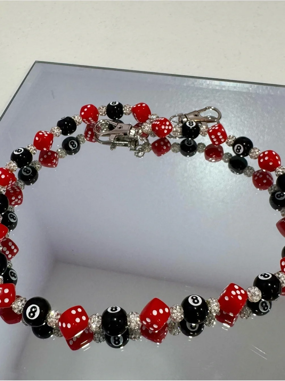 New Beaded Red & Black Dice and 8-Ball Bag Chain 18 inches